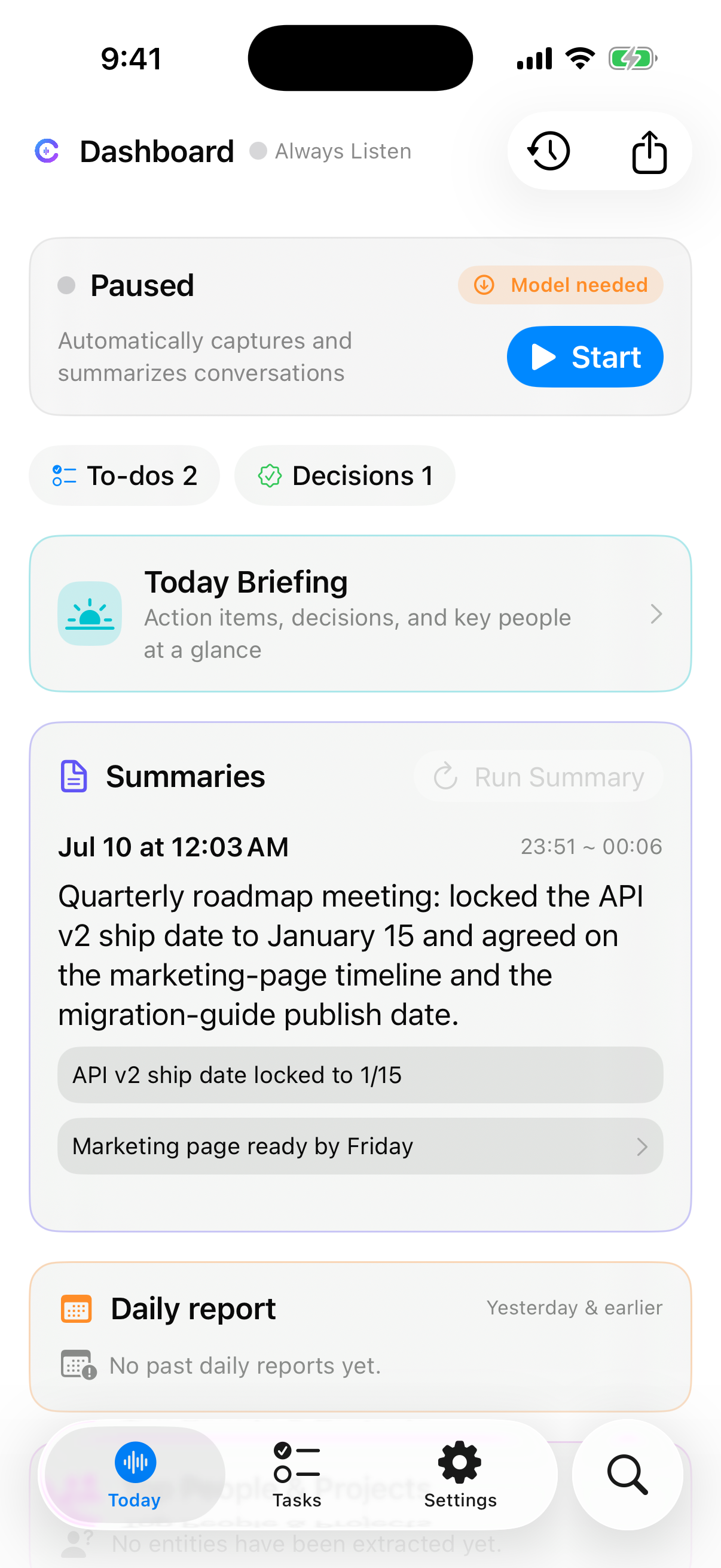 Calex Today screen — listening and the latest summary