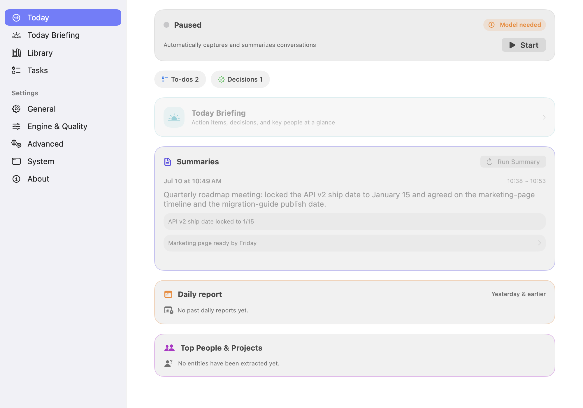 Calex Dashboard on Mac — summaries, to-dos, and decisions